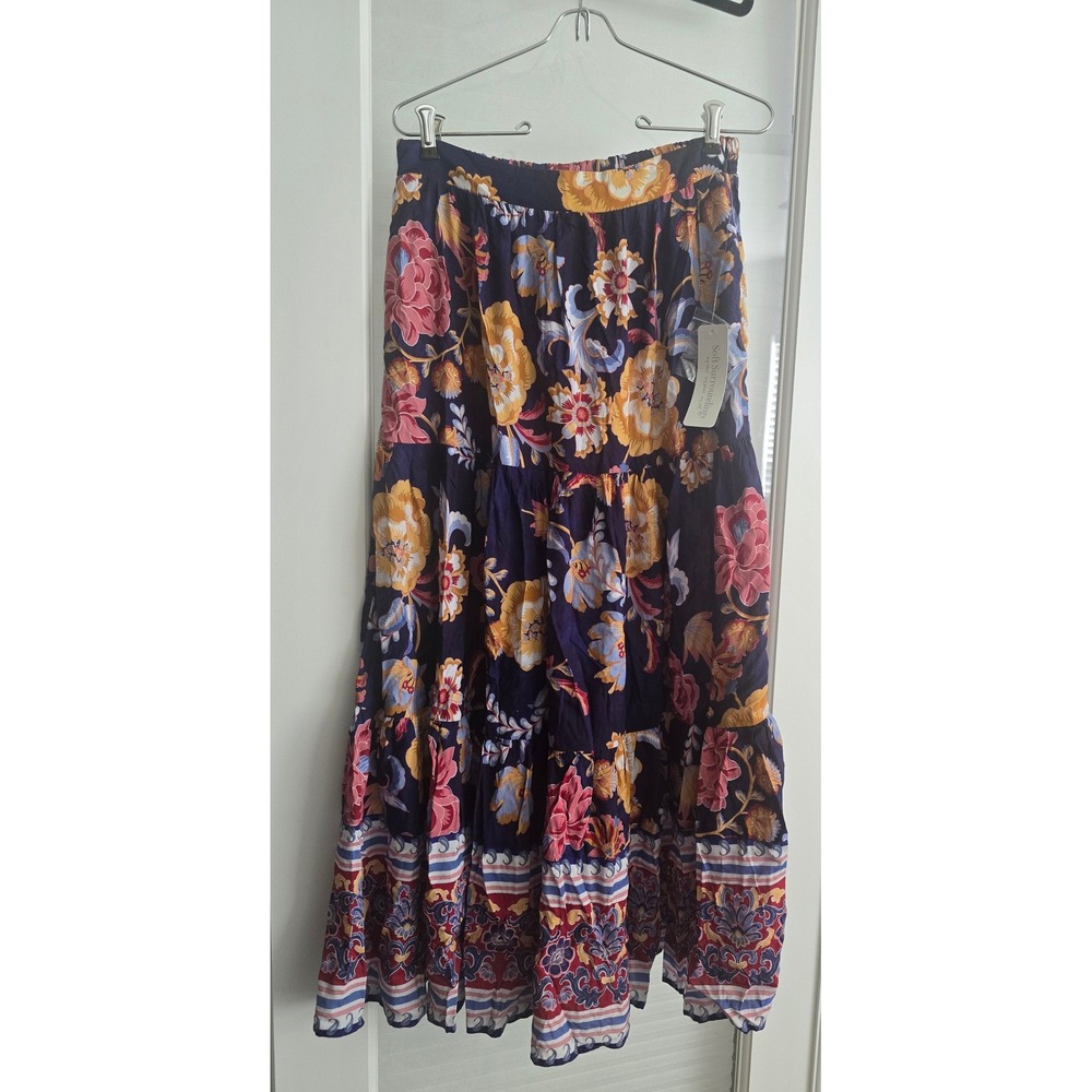 Soft Surroundings KARA SKIRT Akrotiri Flowers Tiered Maxi Blue‎ Floral XS 2/4